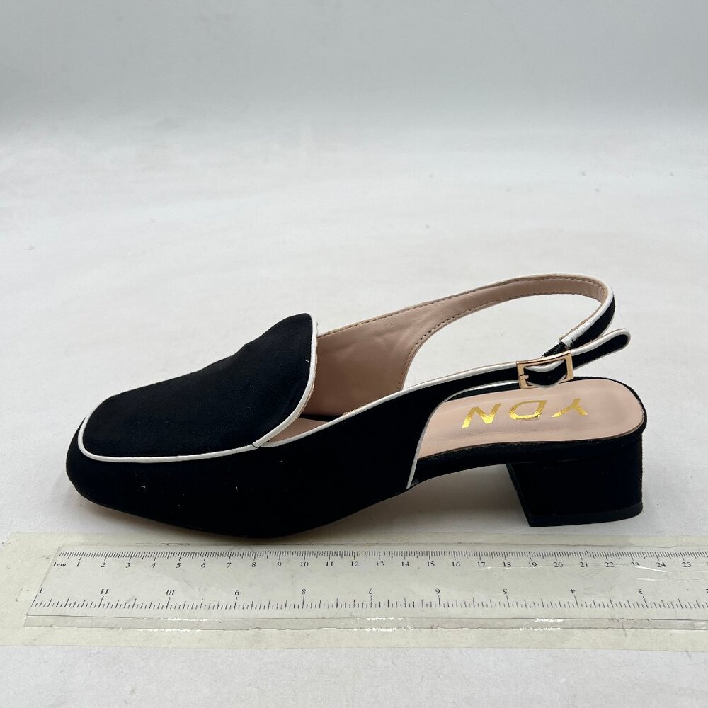 YDN Black Suede Square Toe Block Low Heels Slingback Formal Loafer Dressy Shoes - Picture 2 of 8